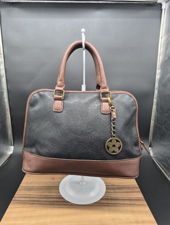 Bueno Handbags - Bueno Large Two-Tone Black and Brown Structured Satchel, 13x9x5
